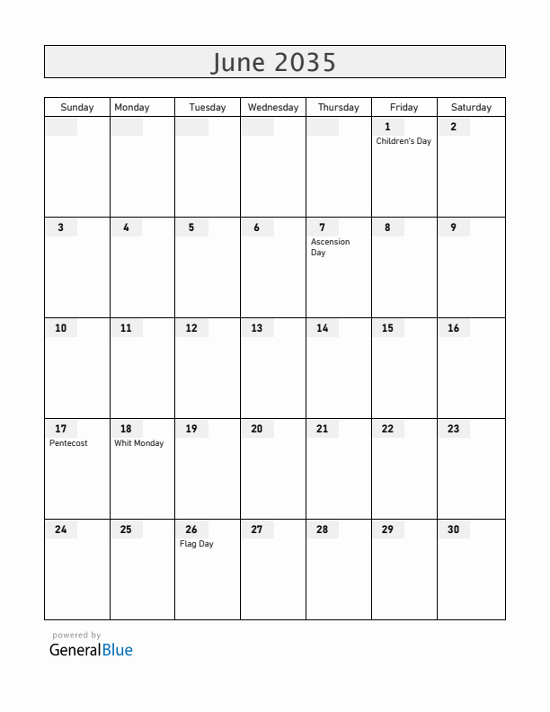Romania June 2035 Calendar with Holidays