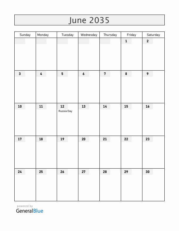Russia June 2035 Calendar with Holidays