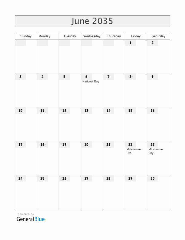 Sweden June 2035 Calendar with Holidays