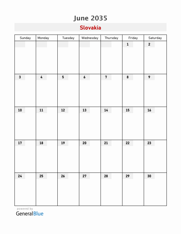 Slovakia June 2035 Calendar with Holidays