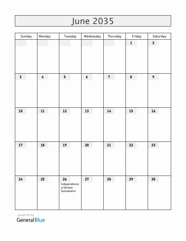 Somalia June 2035 Calendar with Holidays