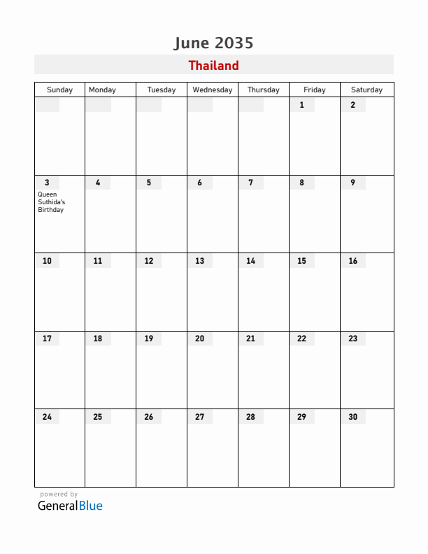 Thailand June 2035 Calendar with Holidays