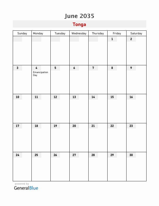 Tonga June 2035 Calendar with Holidays