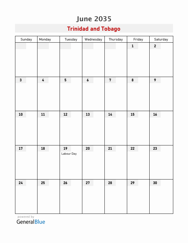 Trinidad and Tobago June 2035 Calendar with Holidays