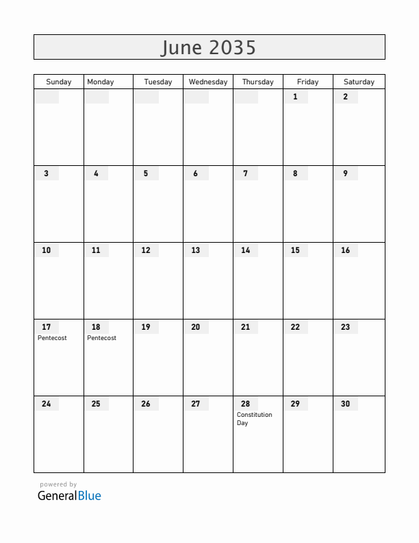 Ukraine June 2035 Calendar with Holidays