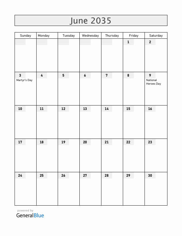 Uganda June 2035 Calendar with Holidays