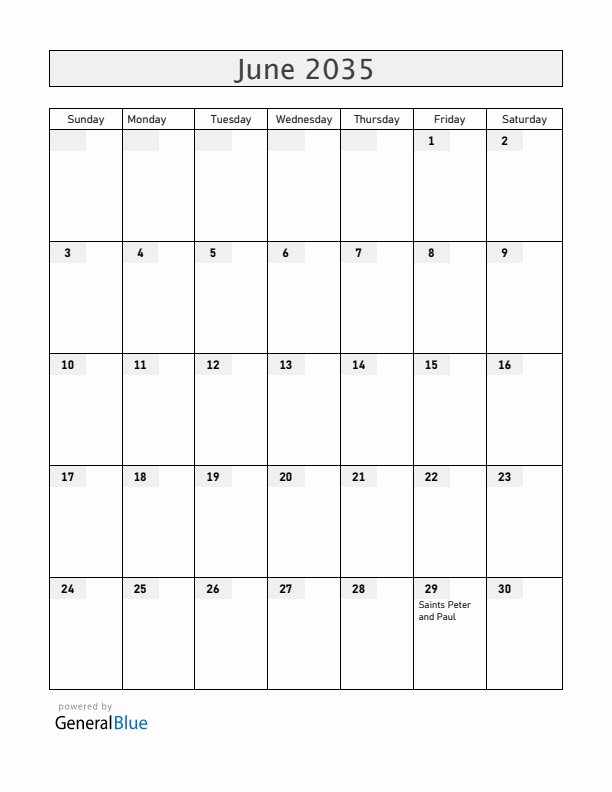 Vatican June 2035 Calendar with Holidays