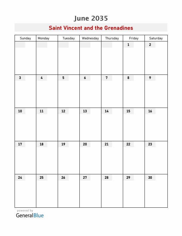 Saint Vincent and the Grenadines June 2035 Calendar with Holidays