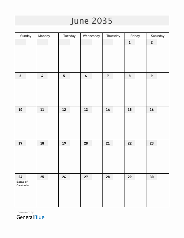 Venezuela June 2035 Calendar with Holidays
