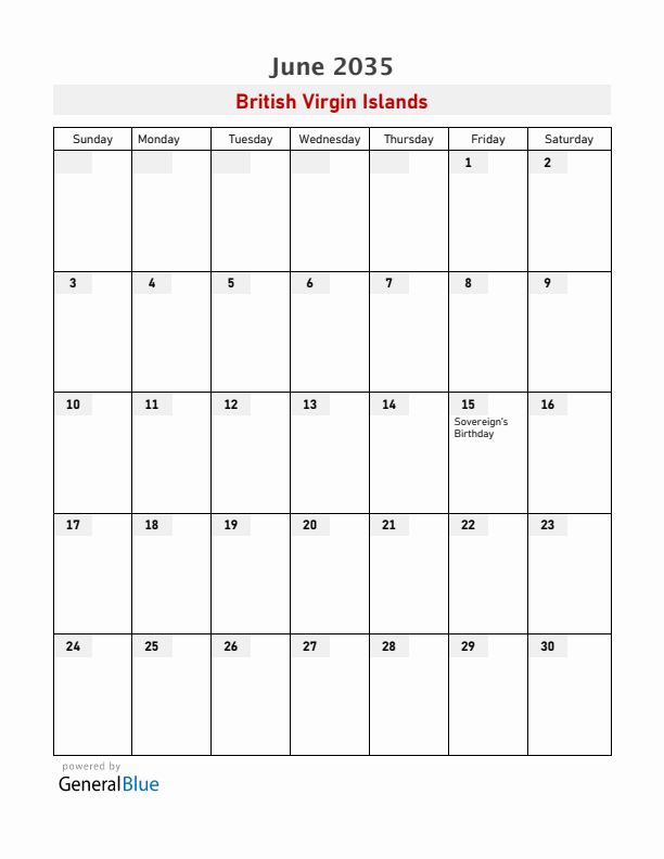 British Virgin Islands June 2035 Calendar with Holidays