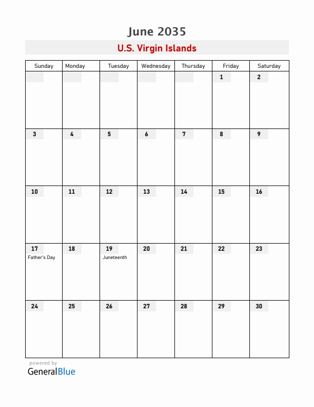 U.S. Virgin Islands June 2035 Calendar with Holidays