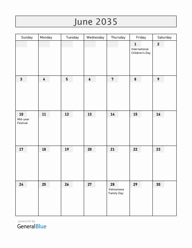 Vietnam June 2035 Calendar with Holidays