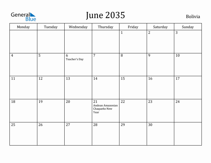 June 2035 Calendar Bolivia