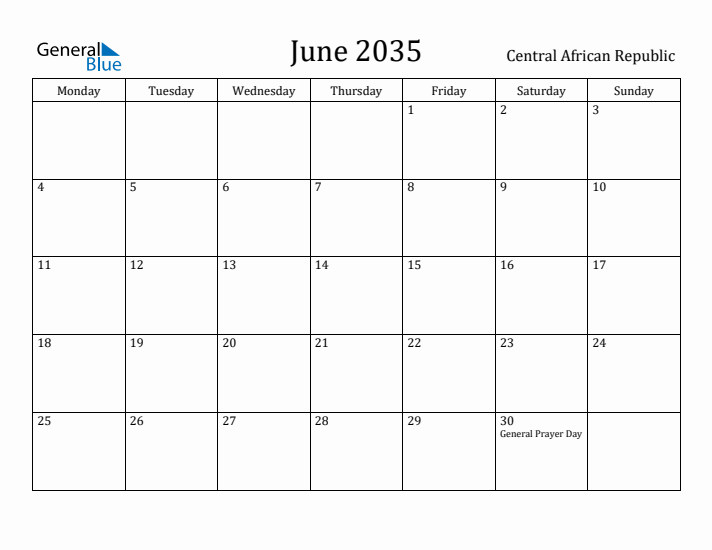 June 2035 Calendar Central African Republic