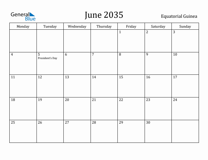 June 2035 Calendar Equatorial Guinea