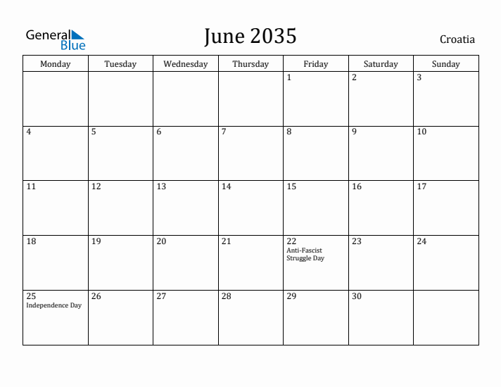 June 2035 Calendar Croatia
