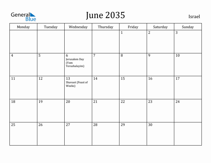 June 2035 Calendar Israel