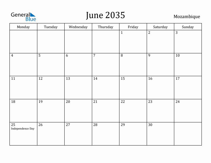 June 2035 Calendar Mozambique