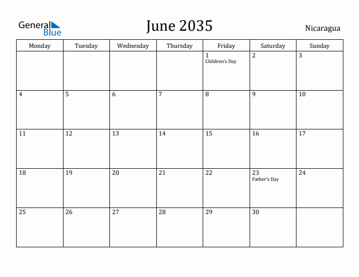 June 2035 Calendar Nicaragua