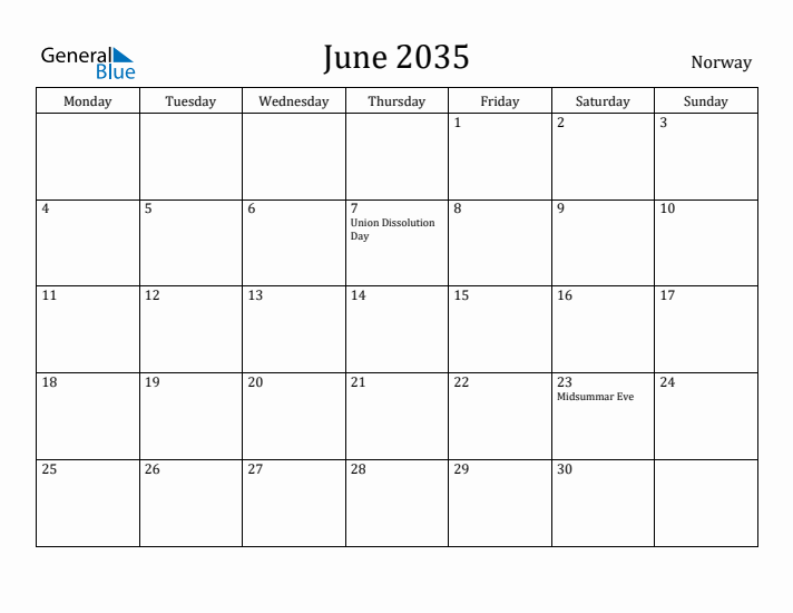 June 2035 Calendar Norway