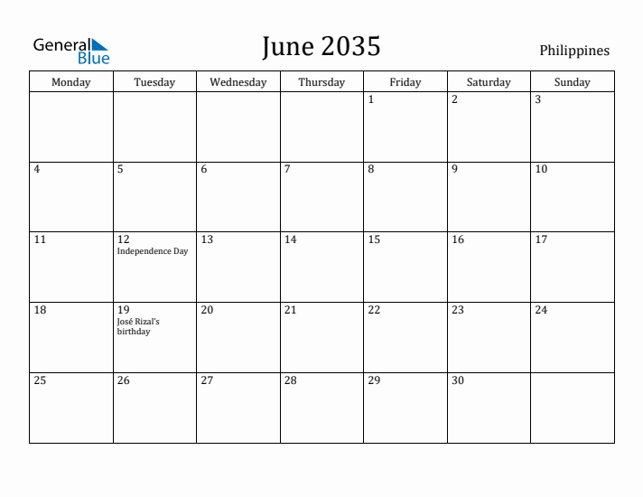 June 2035 Calendar Philippines