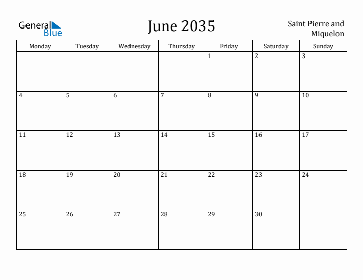 June 2035 Calendar Saint Pierre and Miquelon