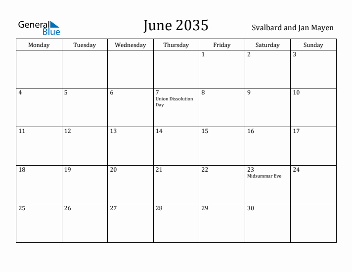 June 2035 Calendar Svalbard and Jan Mayen