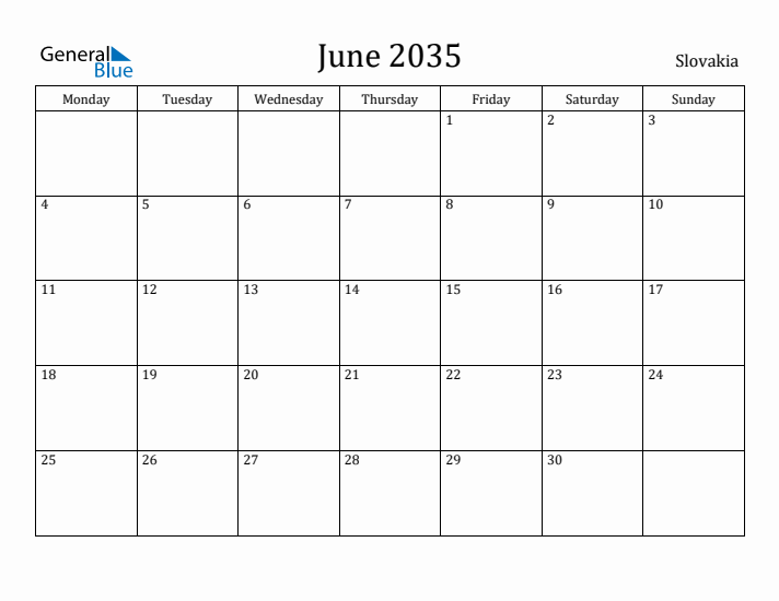 June 2035 Calendar Slovakia