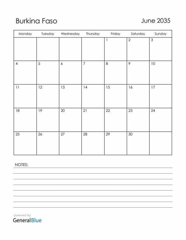 June 2035 Burkina Faso Calendar with Holidays (Monday Start)