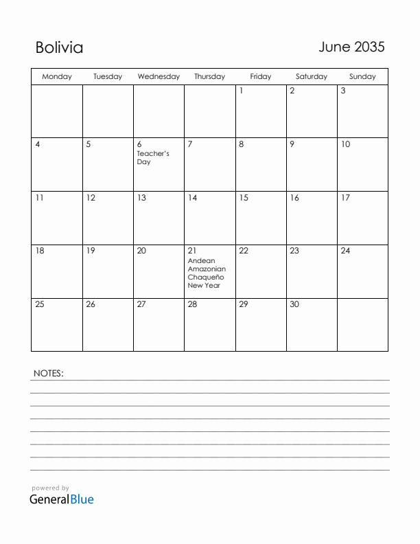 June 2035 Bolivia Calendar with Holidays (Monday Start)