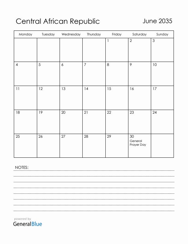 June 2035 Central African Republic Calendar with Holidays (Monday Start)