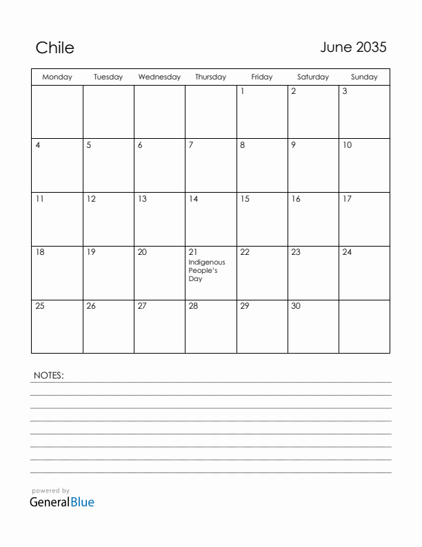 June 2035 Chile Calendar with Holidays (Monday Start)