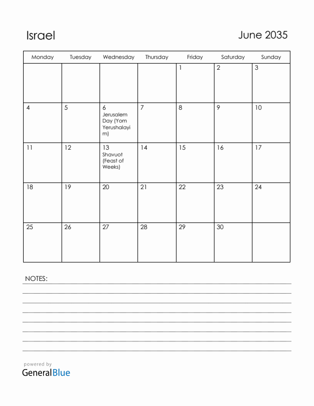 June 2035 Israel Calendar with Holidays (Monday Start)