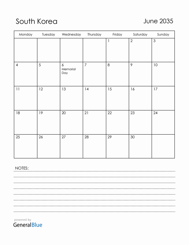 June 2035 South Korea Calendar with Holidays (Monday Start)