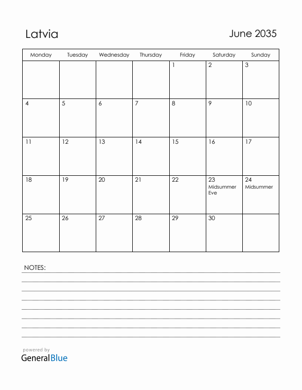 June 2035 Latvia Calendar with Holidays (Monday Start)