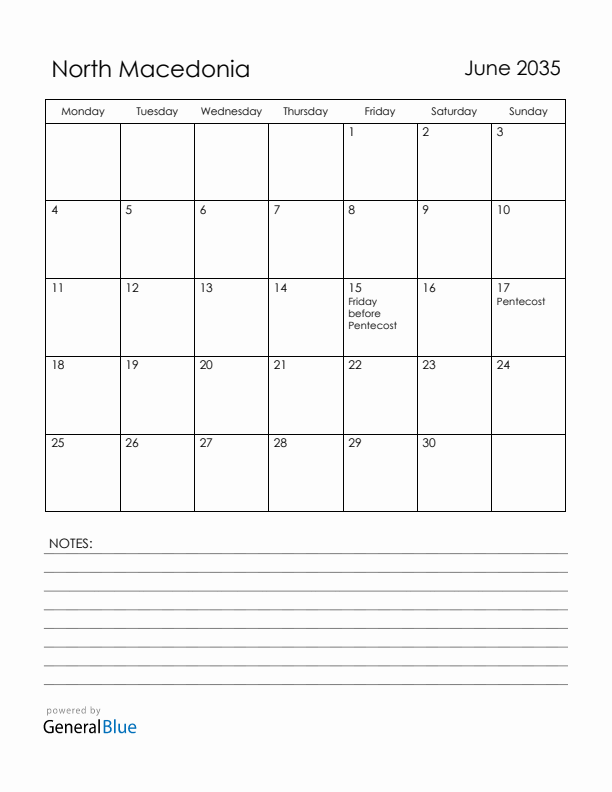 June 2035 North Macedonia Calendar with Holidays (Monday Start)