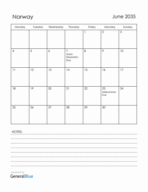 June 2035 Norway Calendar with Holidays (Monday Start)