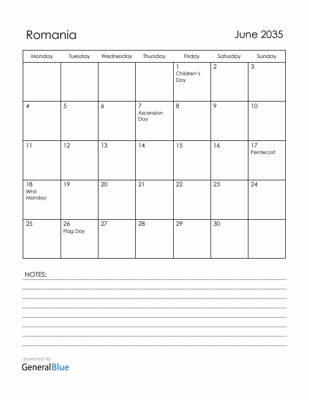 June 2035 Romania Calendar with Holidays (Monday Start)