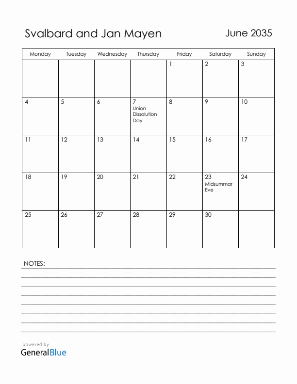 June 2035 Svalbard and Jan Mayen Calendar with Holidays (Monday Start)