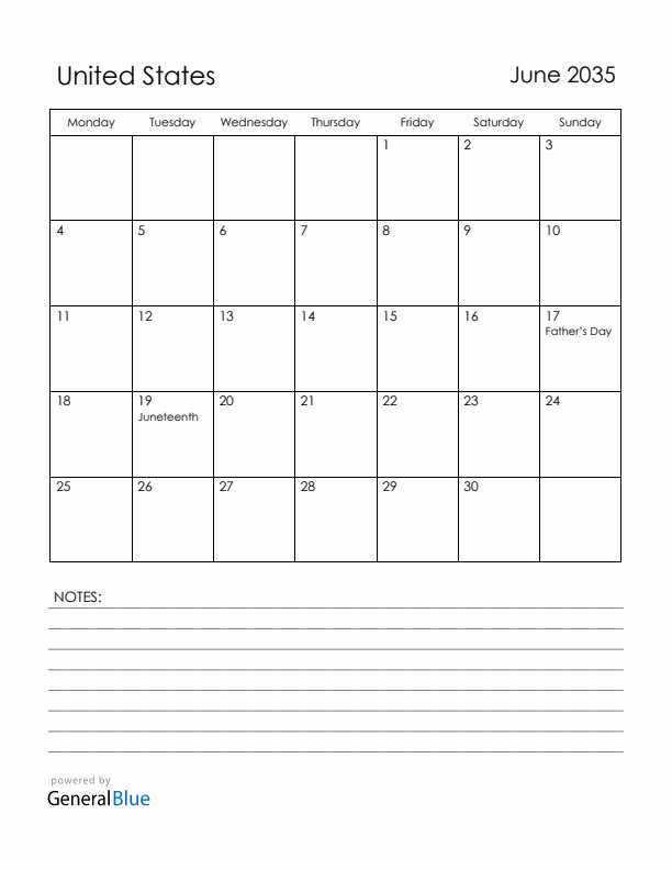 June 2035 United States Calendar with Holidays (Monday Start)