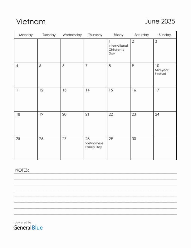 June 2035 Vietnam Calendar with Holidays (Monday Start)