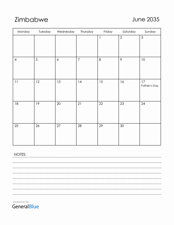 June 2035 Zimbabwe Calendar with Holidays (Monday Start)
