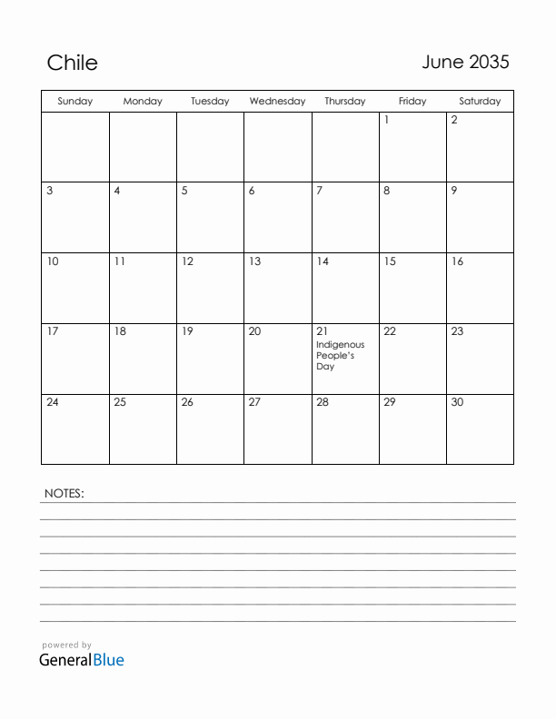 June 2035 Chile Calendar with Holidays (Sunday Start)