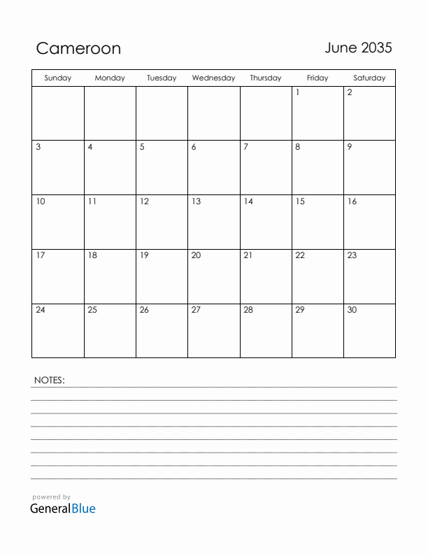 June 2035 Cameroon Calendar with Holidays (Sunday Start)