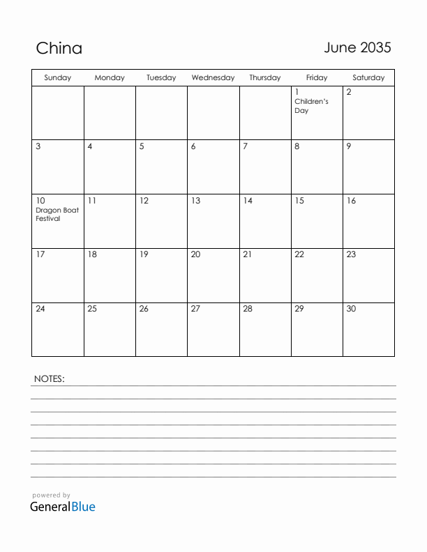 June 2035 China Calendar with Holidays (Sunday Start)