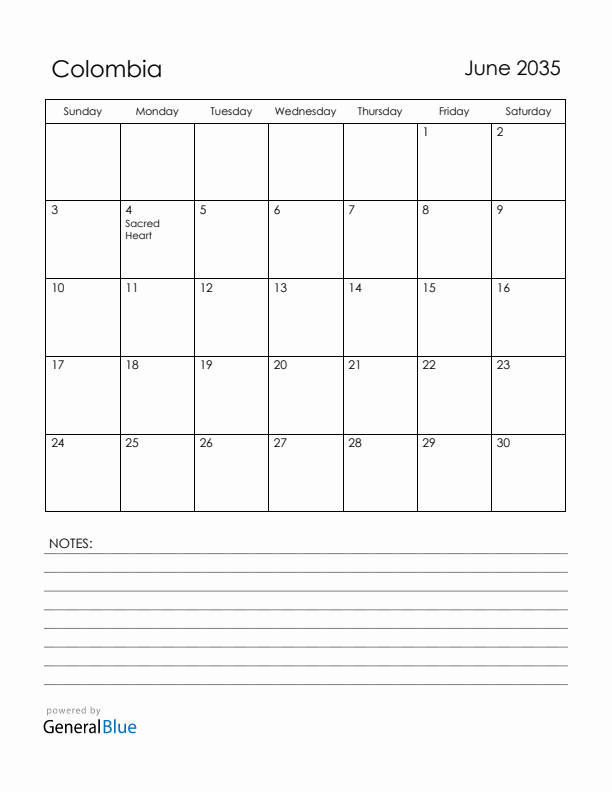 June 2035 Colombia Calendar with Holidays (Sunday Start)