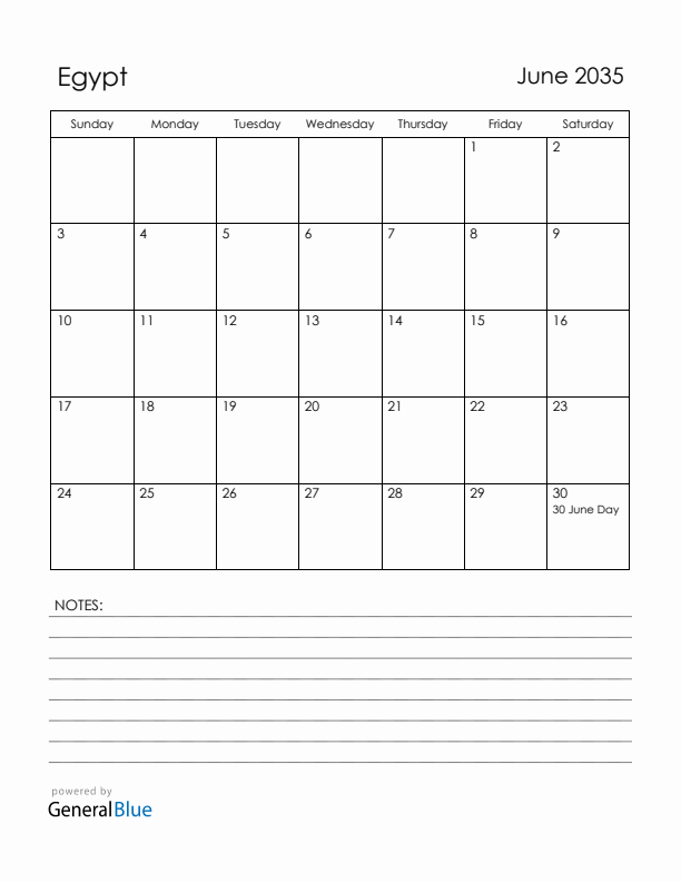 June 2035 Egypt Calendar with Holidays (Sunday Start)