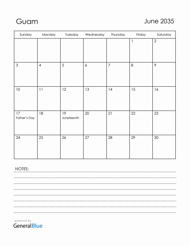 June 2035 Guam Calendar with Holidays (Sunday Start)