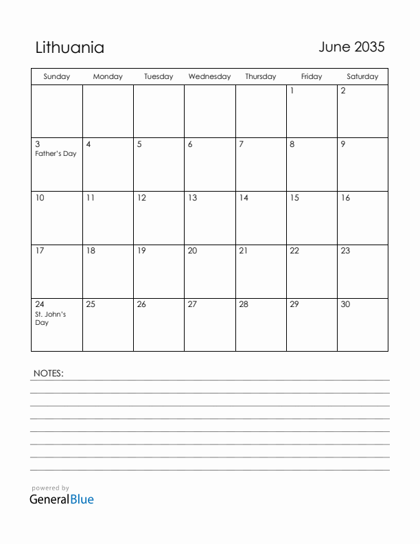June 2035 Lithuania Calendar with Holidays (Sunday Start)