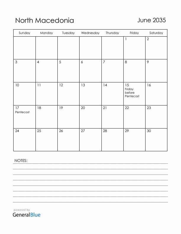 June 2035 North Macedonia Calendar with Holidays (Sunday Start)
